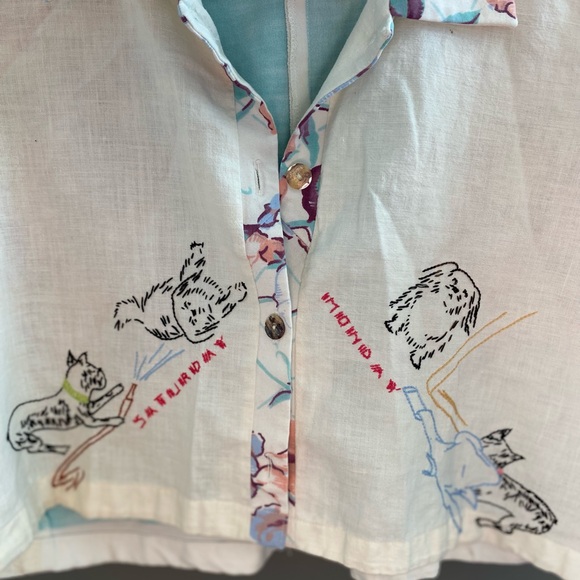 White Handmade Blouse Cat and Dog Embroidered - Picture 3 of 13